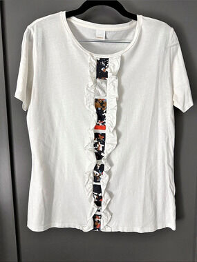 BOSS Floral Ruffle Front White Short Sleeve Tee